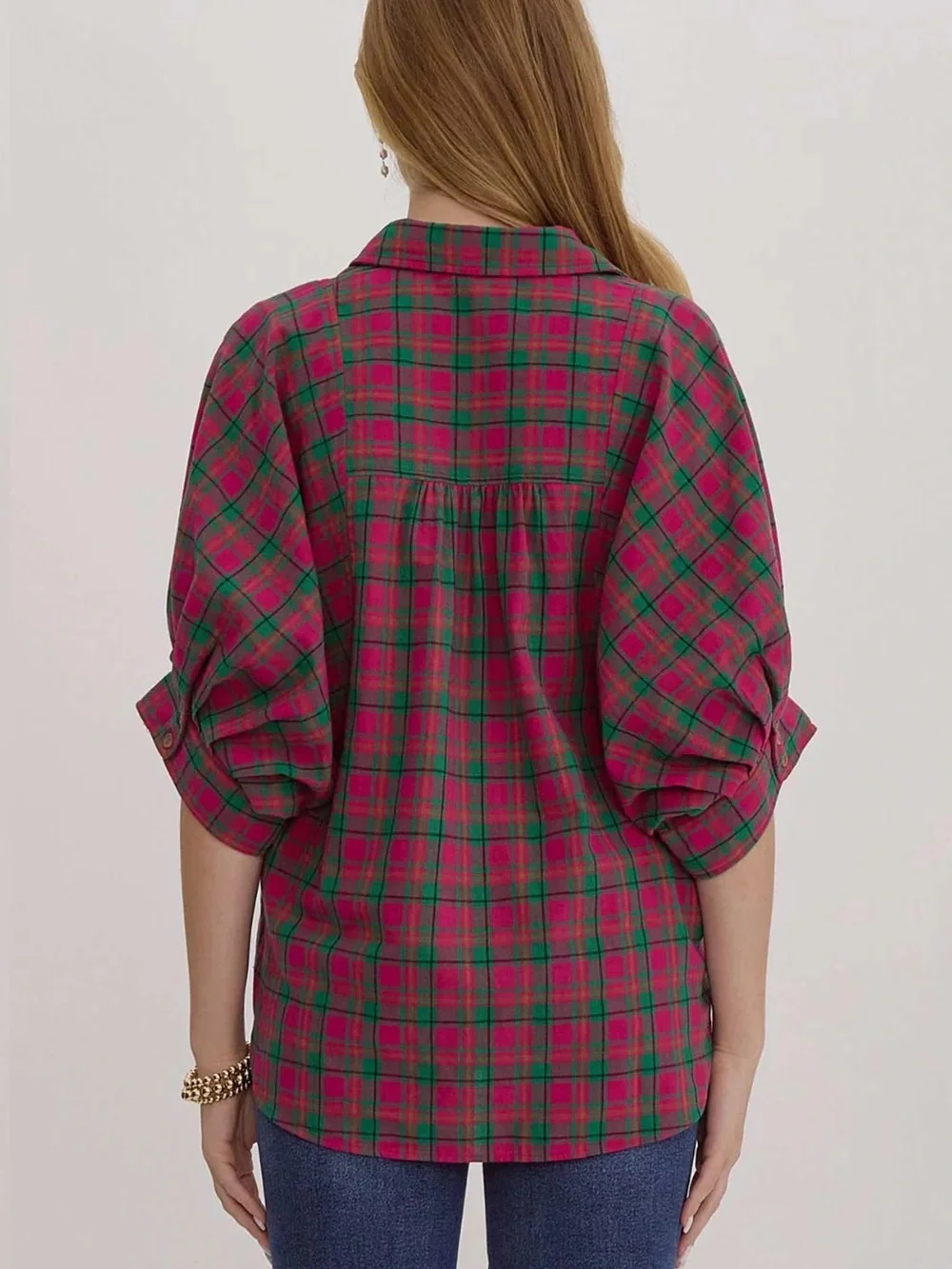 Entro Pink Green Plaid Oversized Pima Cotton Button Up Small - Picture 2 of 12